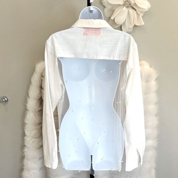 White Button Down Sheer Back Long Sleeve Top (L) - Picture 10 of 10